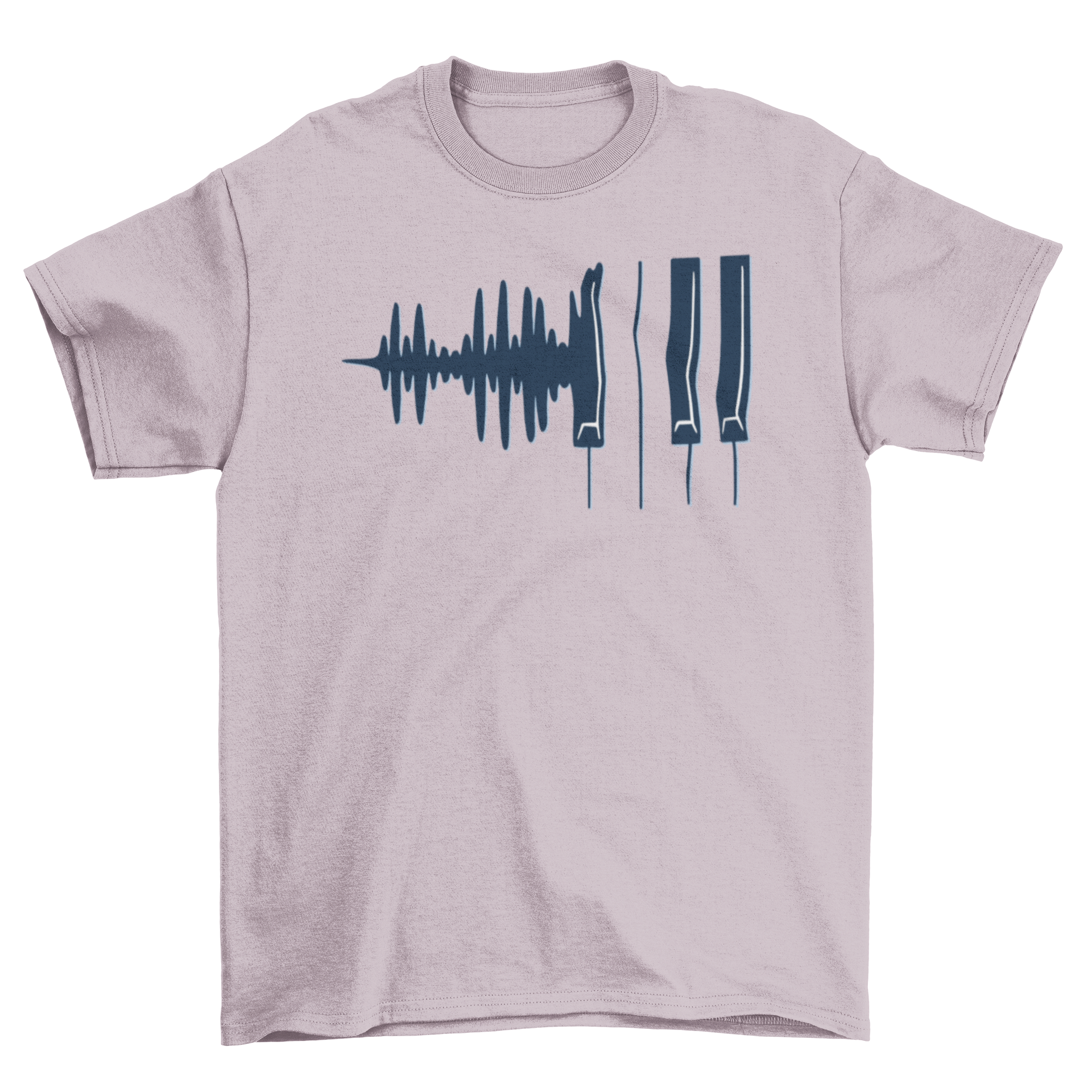 A stylish T-shirt featuring a creative design of soundwaves transforming into piano keys, perfect for music enthusiasts.