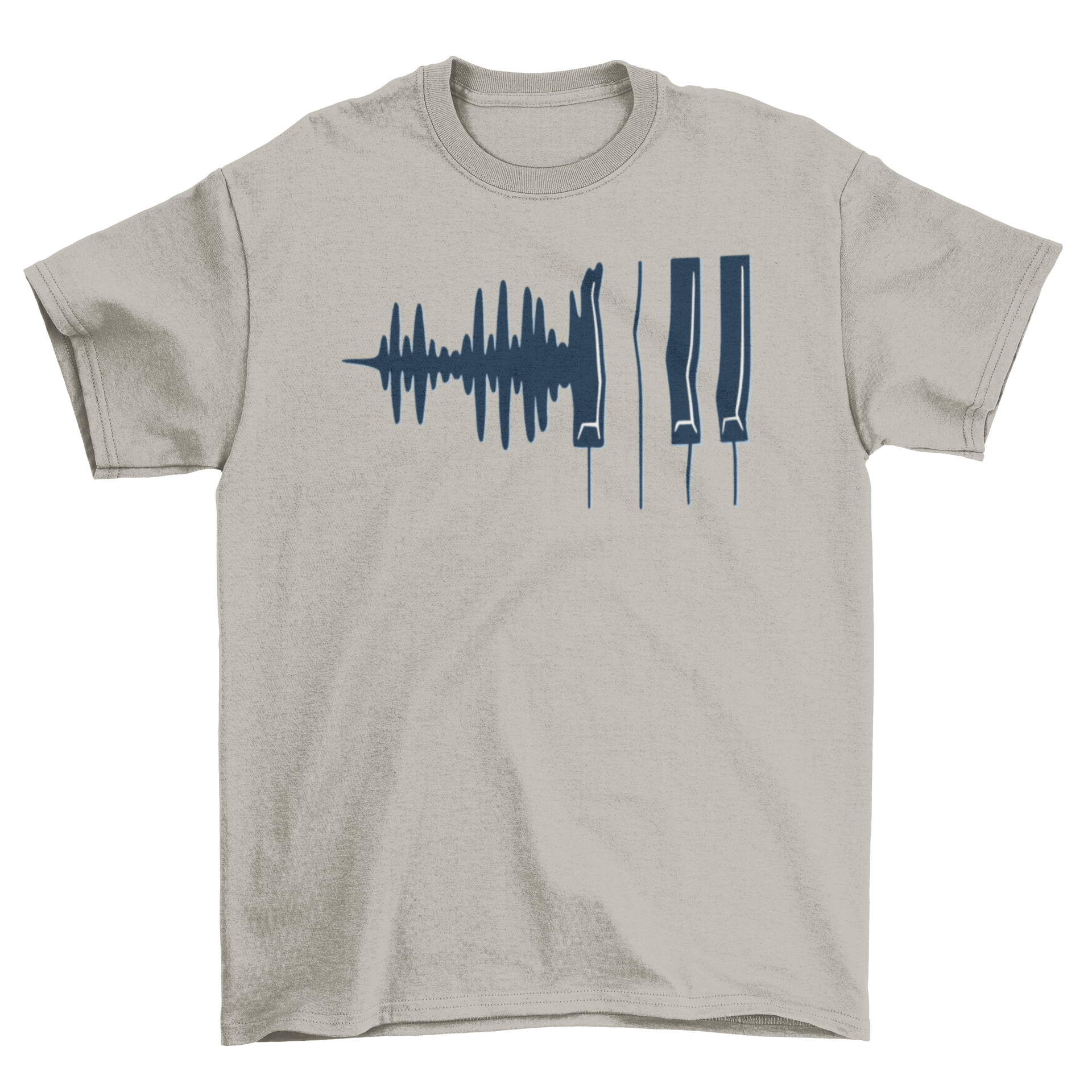 A stylish T-shirt featuring a creative design of soundwaves transforming into piano keys, perfect for music enthusiasts.