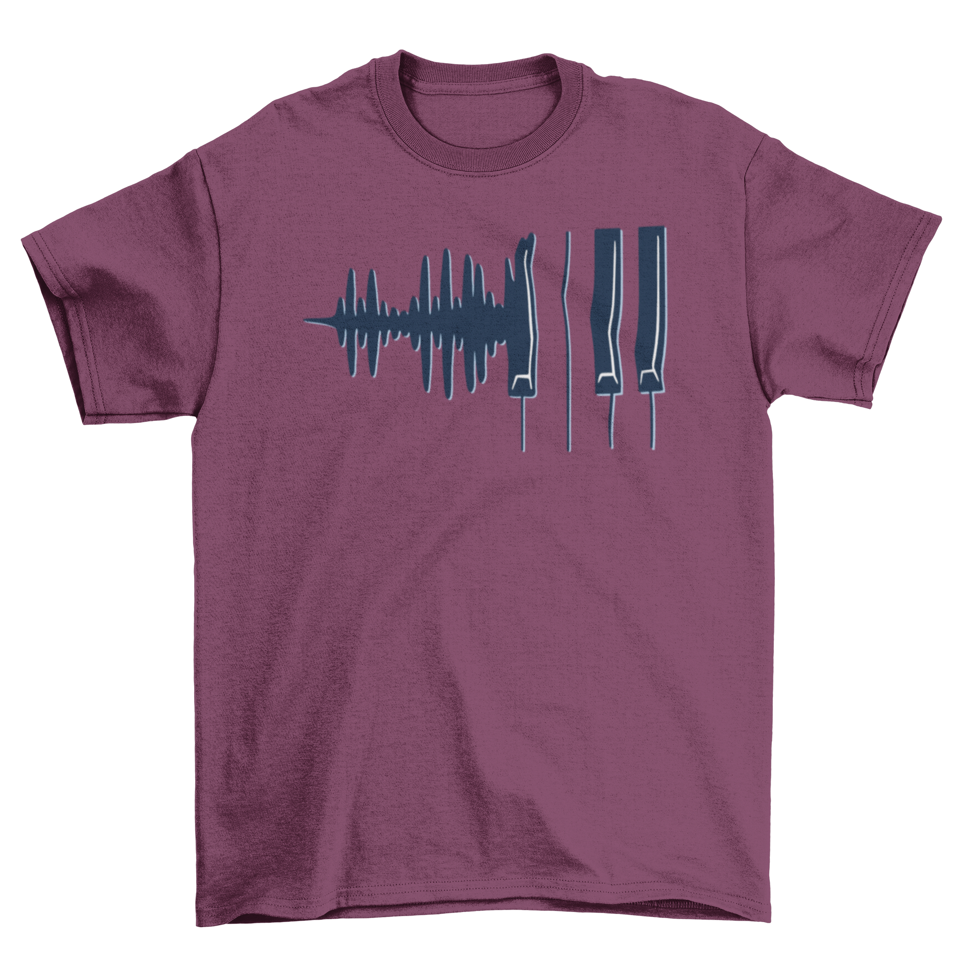 A stylish T-shirt featuring a creative design of soundwaves transforming into piano keys, perfect for music enthusiasts.