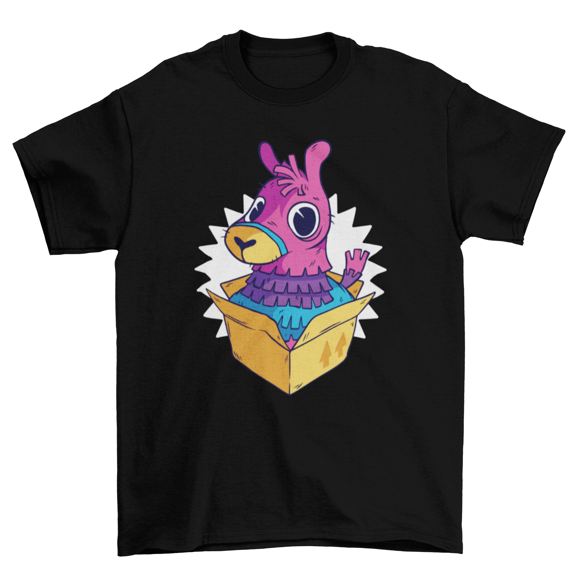 A colorful t-shirt featuring a llama piñata emerging from a box, showcasing a fun and playful design.