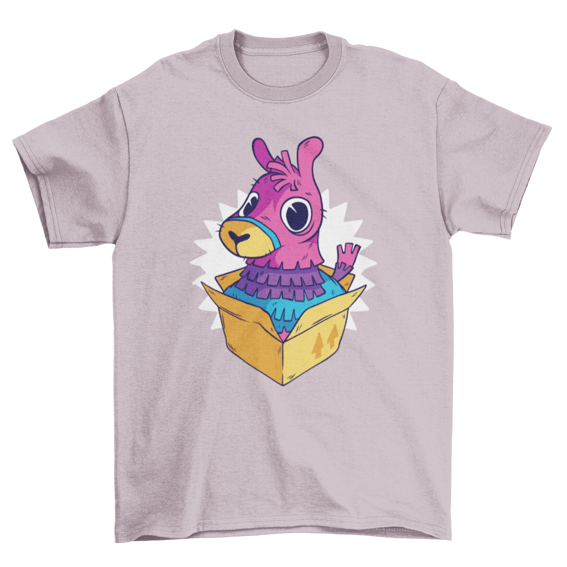 A colorful t-shirt featuring a llama piñata emerging from a box, showcasing a fun and playful design.