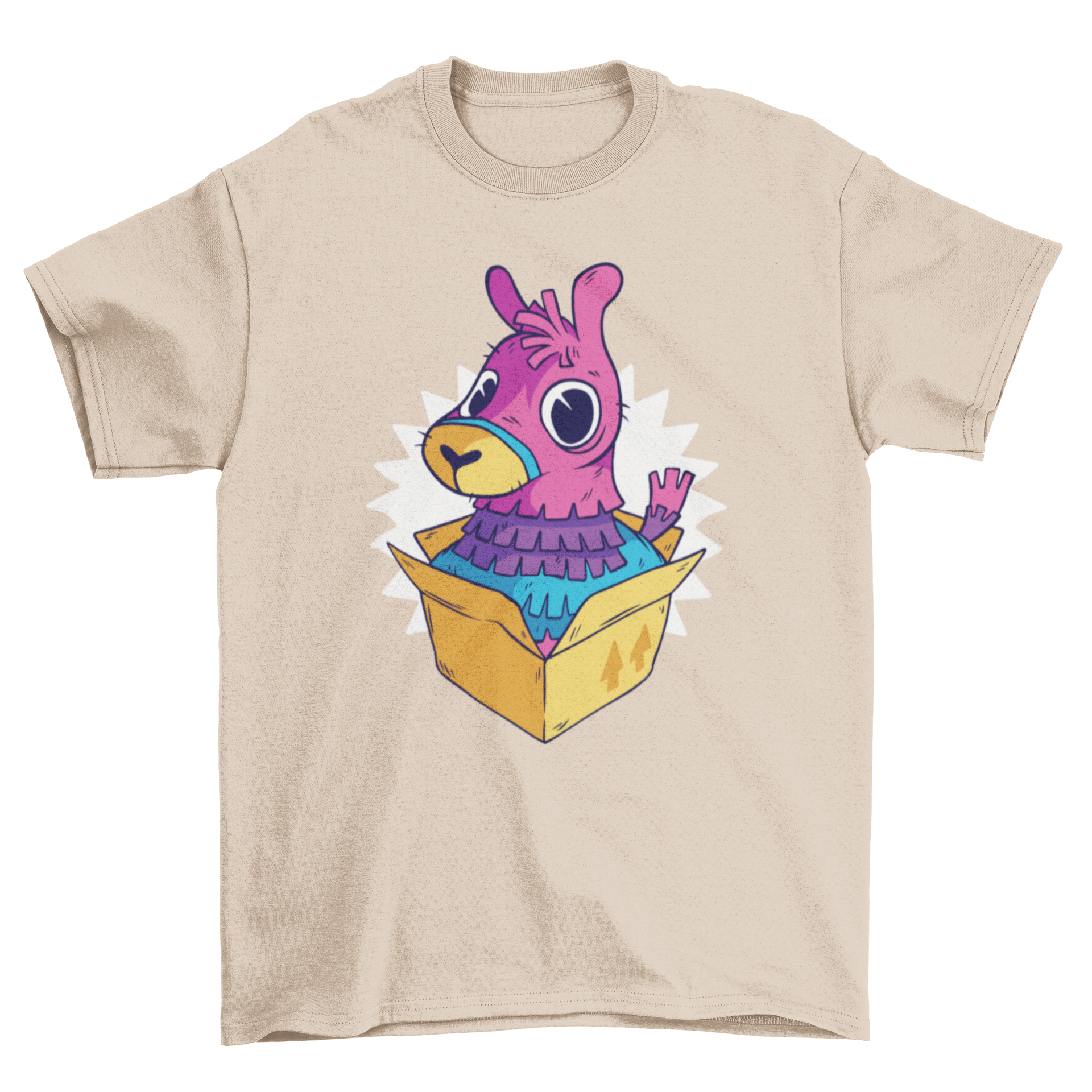 A colorful t-shirt featuring a llama piñata emerging from a box, showcasing a fun and playful design.