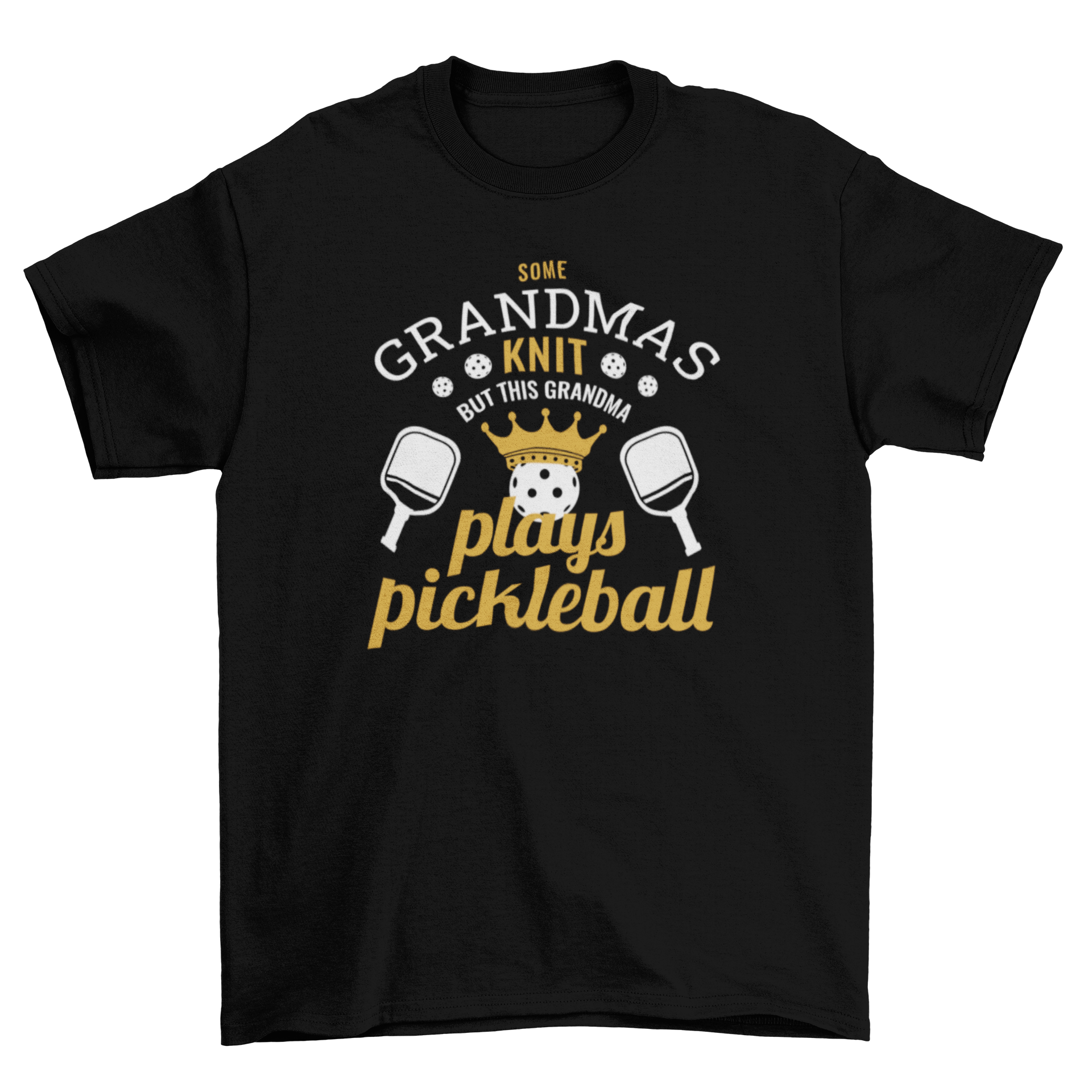 A stylish t-shirt featuring the quote 'Some grandmas knit but this grandma plays pickleball' designed for pickleball-loving grandmas.