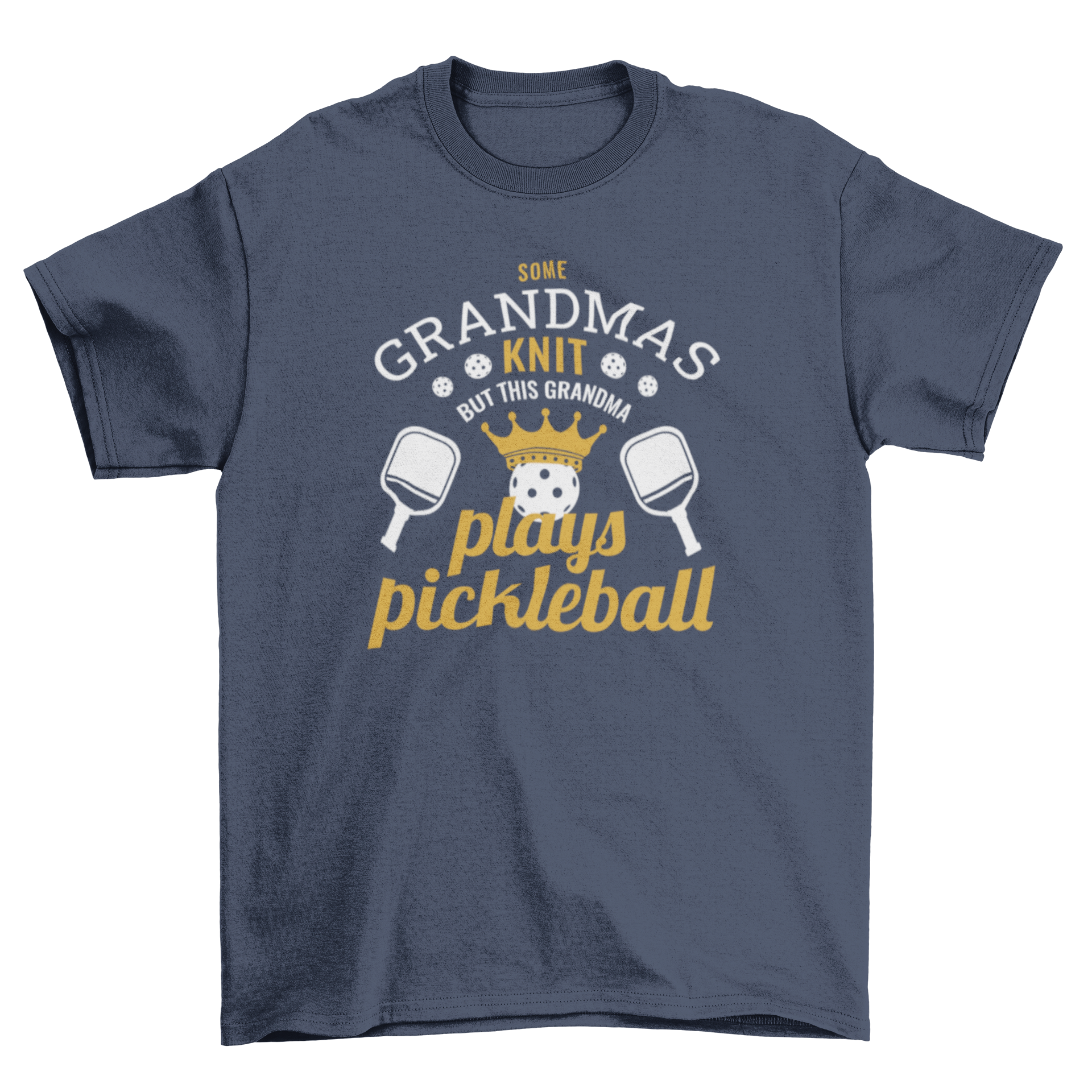 A stylish t-shirt featuring the quote 'Some grandmas knit but this grandma plays pickleball' designed for pickleball-loving grandmas.