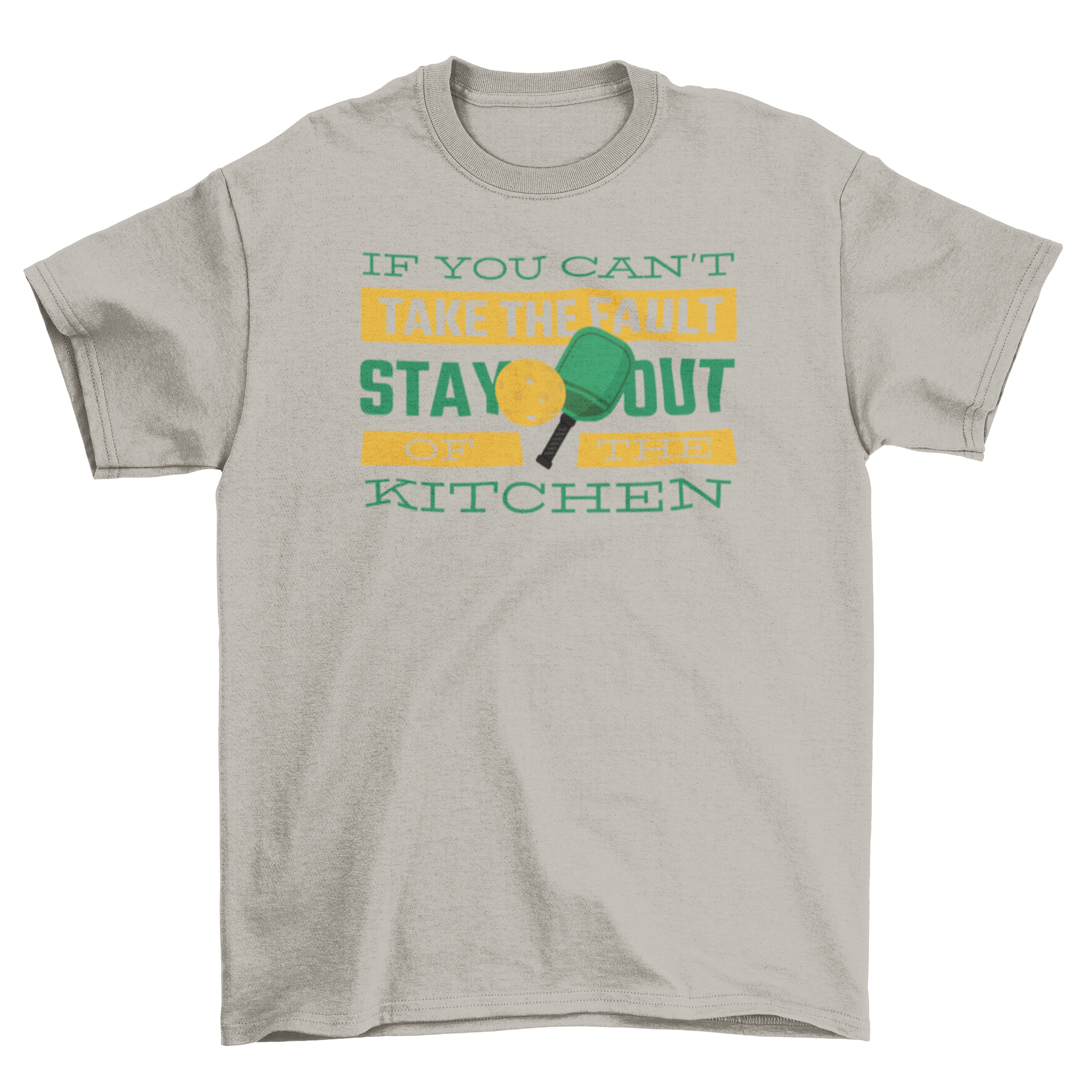 A stylish pickleball t-shirt featuring paddles and a polymer ball with a humorous quote.