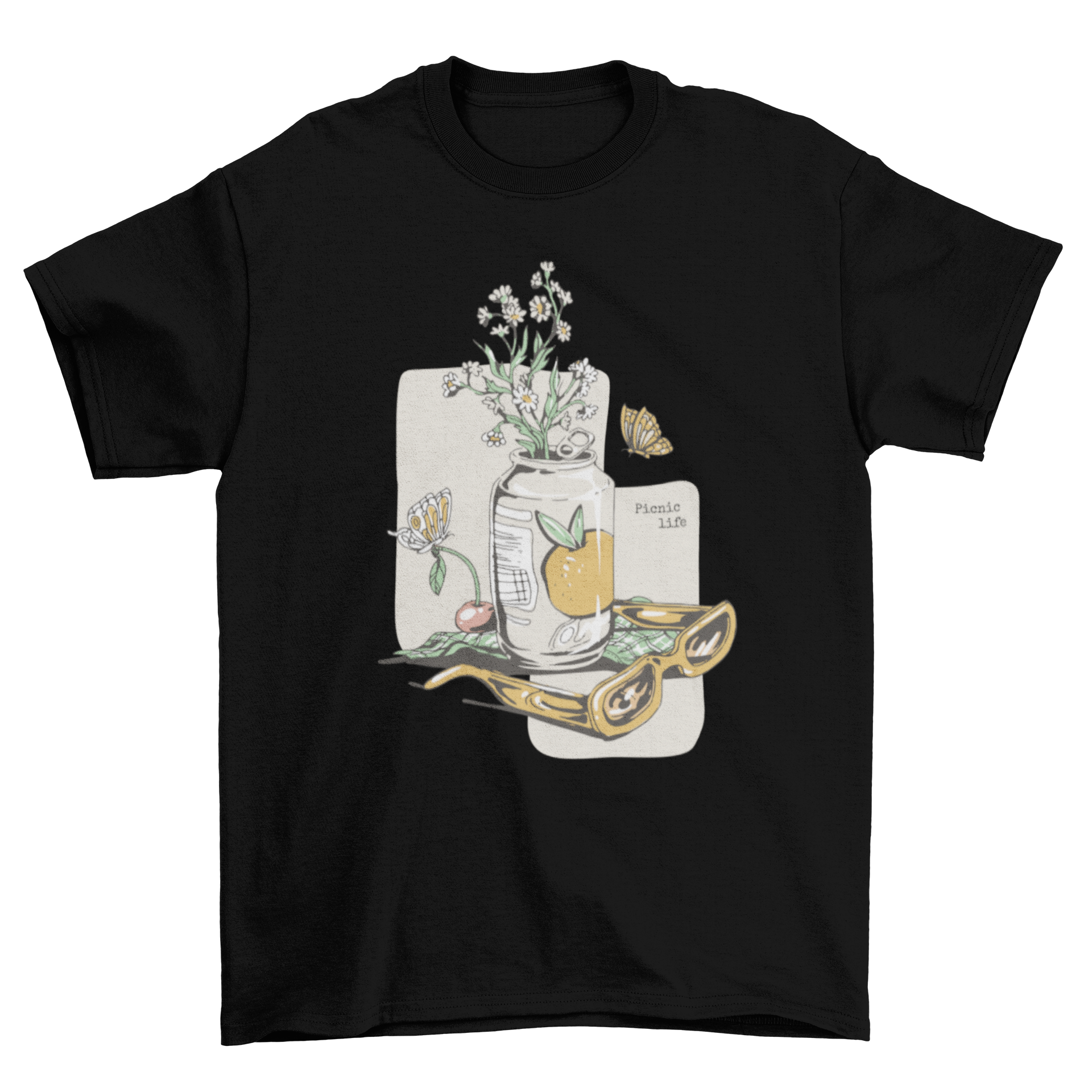 A stylish spring t-shirt featuring vibrant spring elements and the quote 'Picnic Life', perfect for outdoor activities.