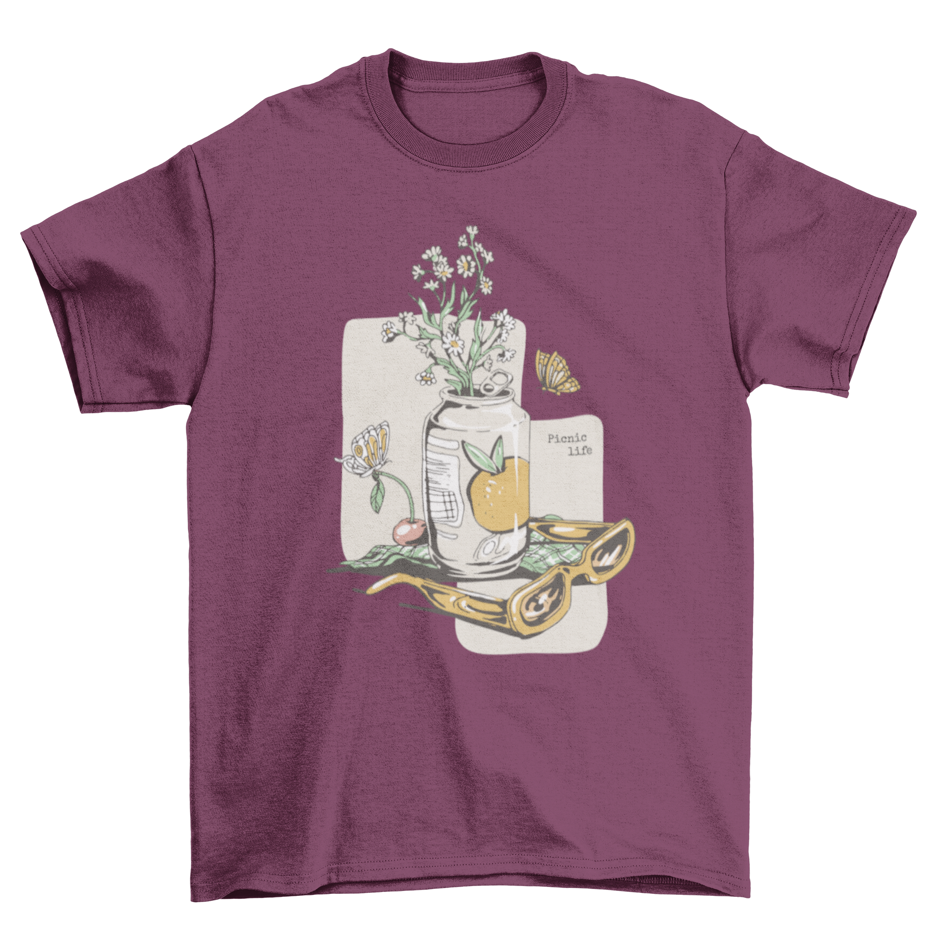 A stylish spring t-shirt featuring vibrant spring elements and the quote 'Picnic Life', perfect for outdoor activities.