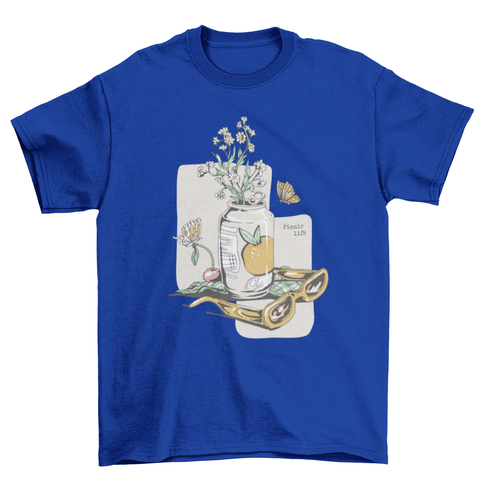 A stylish spring t-shirt featuring vibrant spring elements and the quote 'Picnic Life', perfect for outdoor activities.