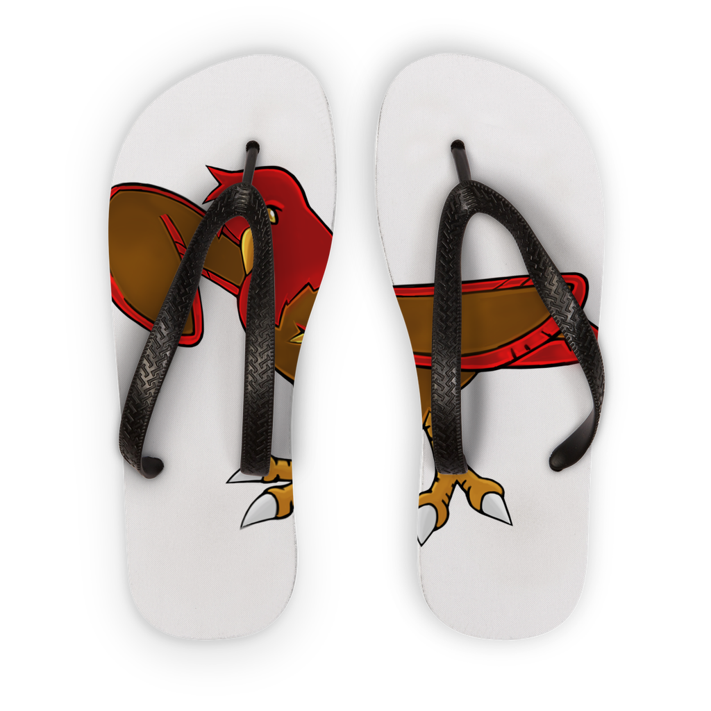 Pidgenna Adult Flip Flops featuring customizable printed fabric with black and orange straps, designed for comfort and style.