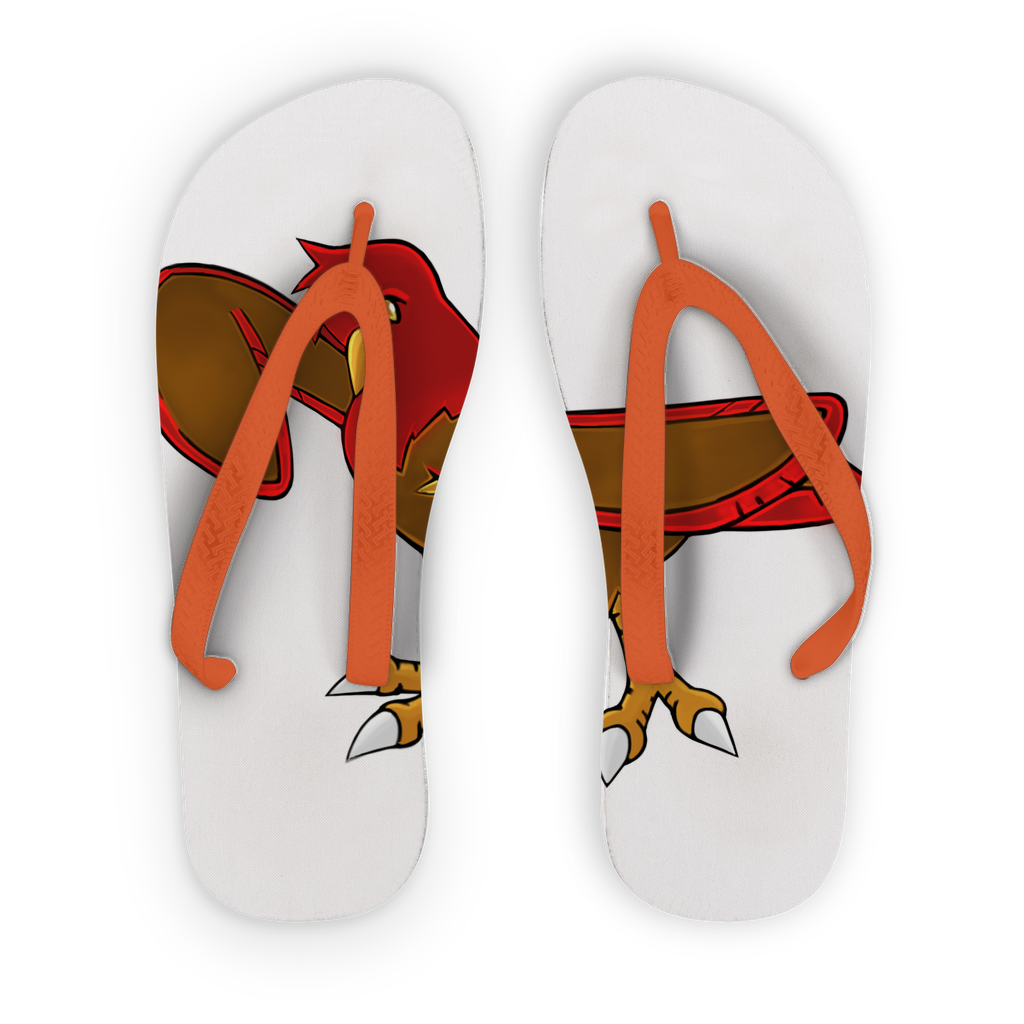 Pidgenna Adult Flip Flops featuring customizable printed fabric with black and orange straps, designed for comfort and style.