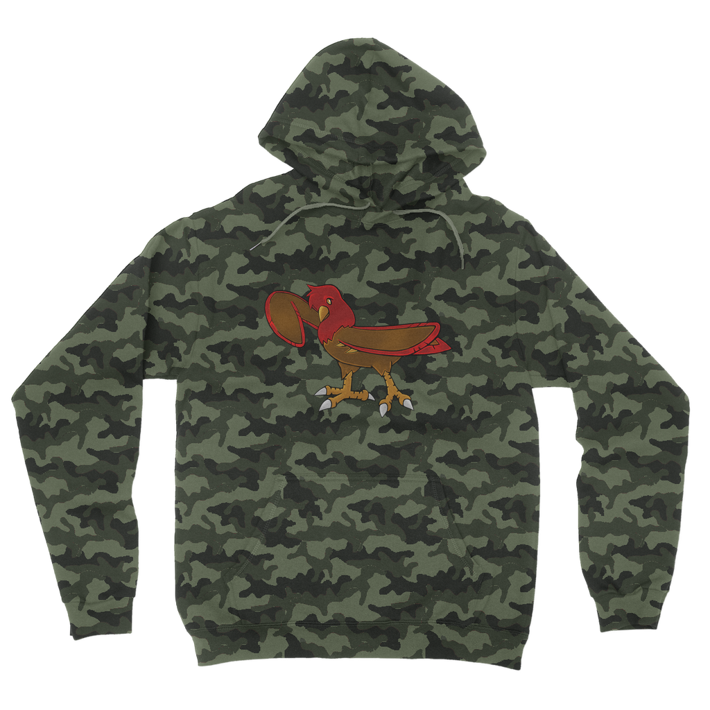 Pidgenna Camouflage Adult Hoodie featuring an all-over camo design, double fabric hood, and kangaroo pouch pocket.