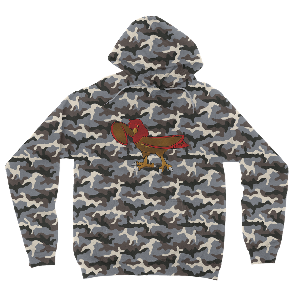 Pidgenna Camouflage Adult Hoodie featuring an all-over camo design, double fabric hood, and kangaroo pouch pocket.