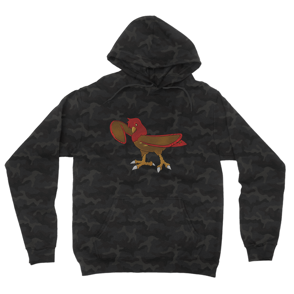 Pidgenna Camouflage Adult Hoodie featuring an all-over camo design, double fabric hood, and kangaroo pouch pocket.