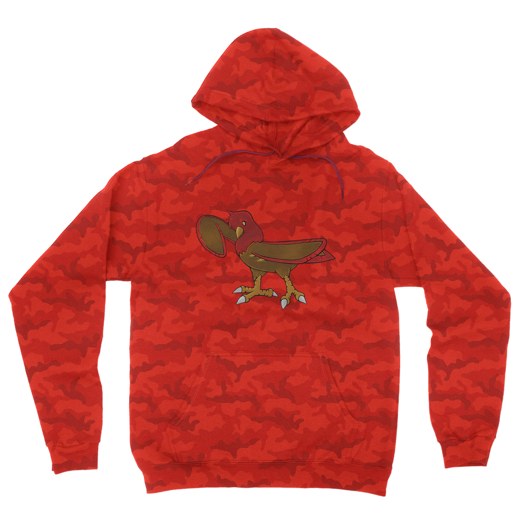 Pidgenna Camouflage Adult Hoodie featuring an all-over camo design, double fabric hood, and kangaroo pouch pocket.