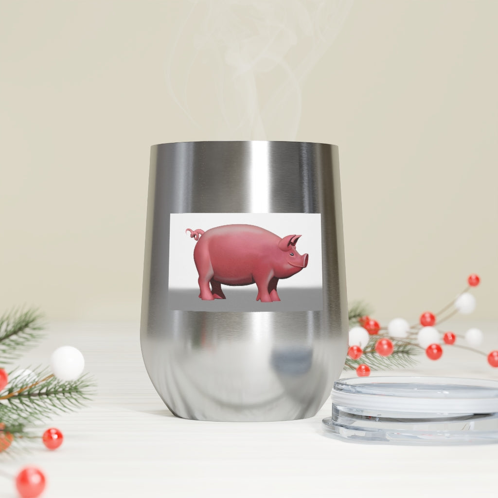 Pig 12oz Insulated Wine Tumbler in stainless steel with clear lid, perfect for hot and cold beverages.