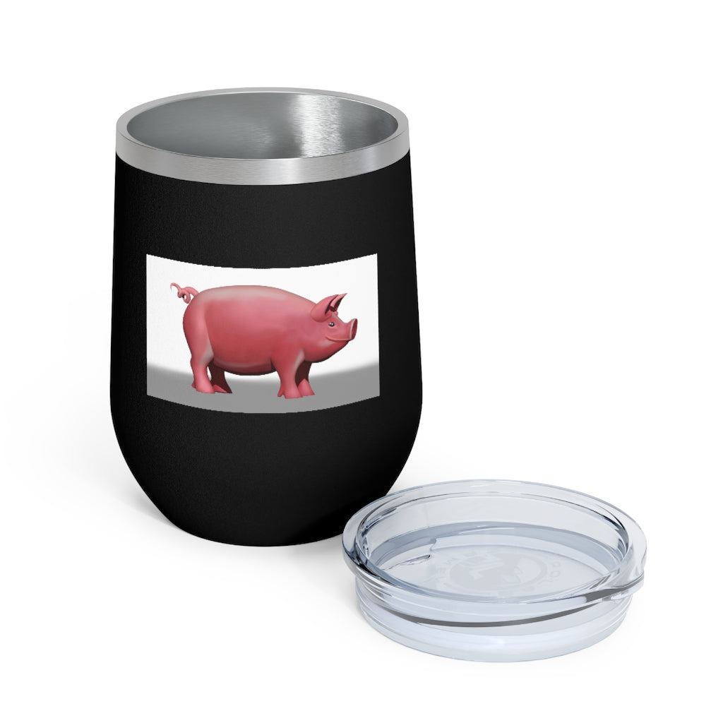 Pig 12oz Insulated Wine Tumbler in stainless steel with clear lid, perfect for hot and cold beverages.