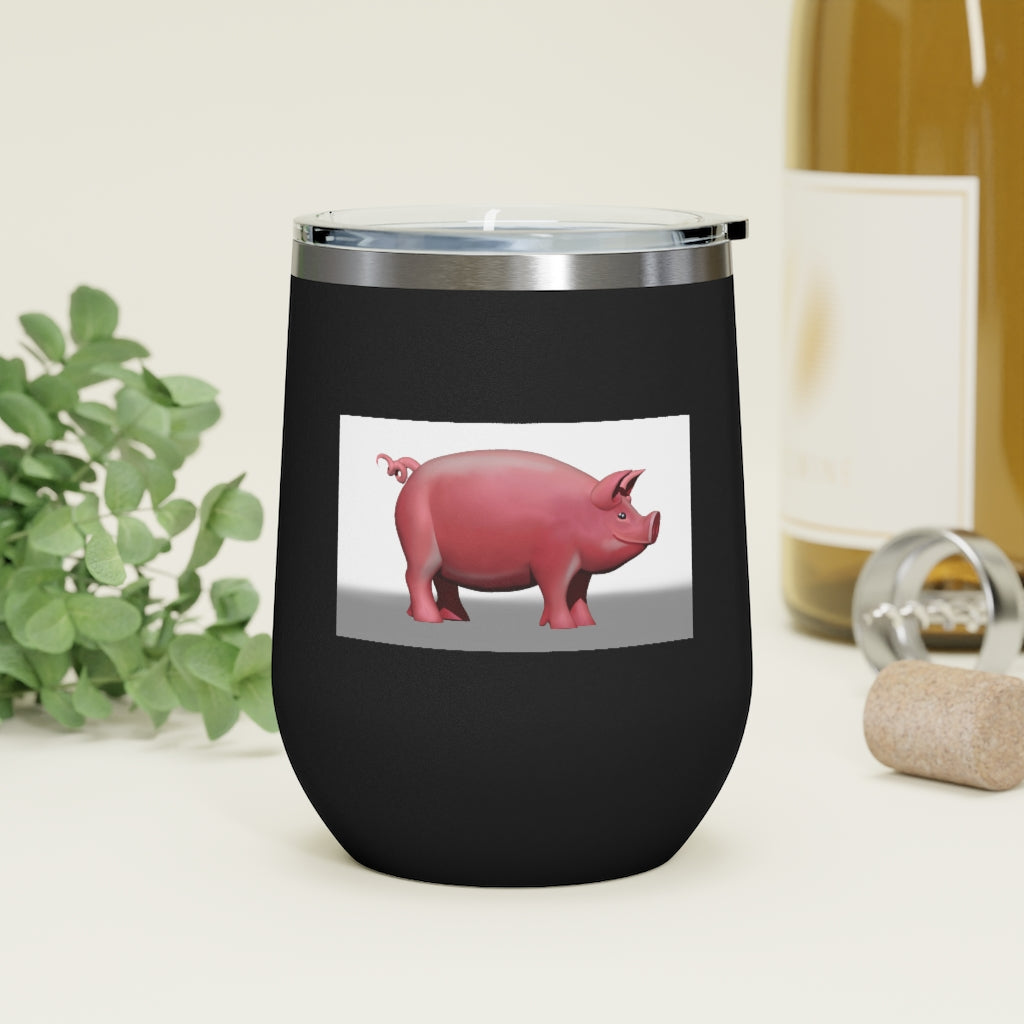 Pig 12oz Insulated Wine Tumbler in stainless steel with clear lid, perfect for hot and cold beverages.