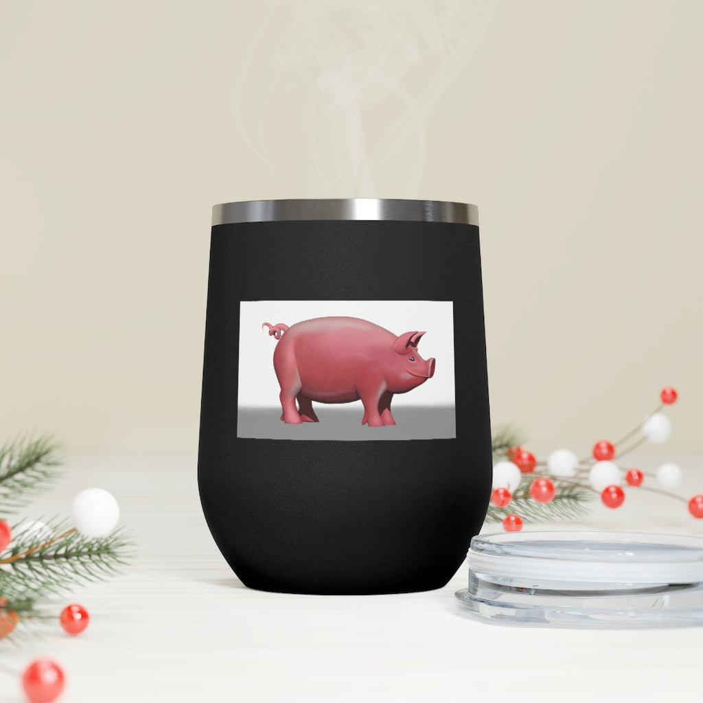 Pig 12oz Insulated Wine Tumbler in stainless steel with clear lid, perfect for hot and cold beverages.