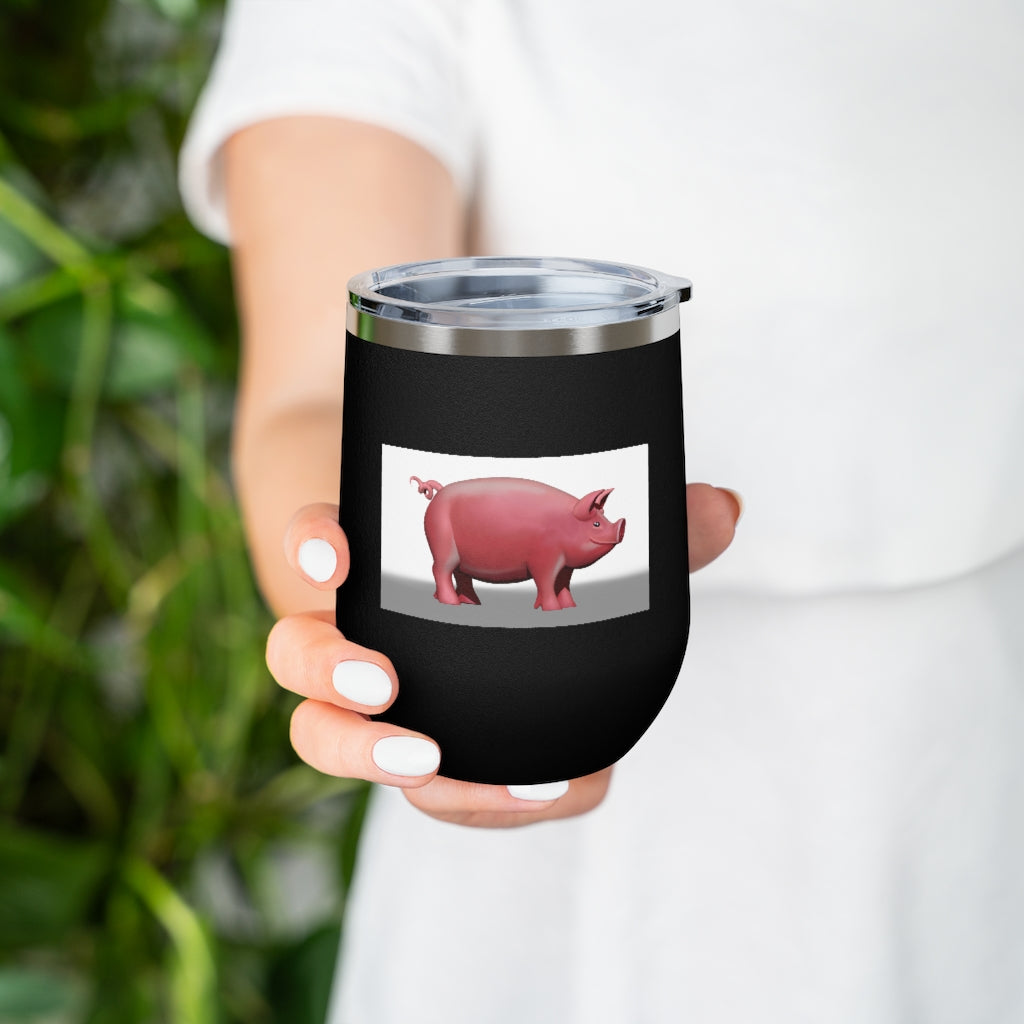 Pig 12oz Insulated Wine Tumbler in stainless steel with clear lid, perfect for hot and cold beverages.