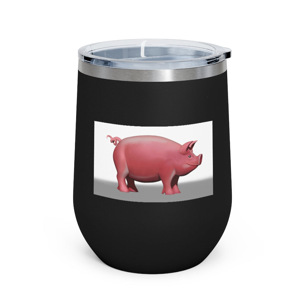 Pig 12oz Insulated Wine Tumbler in stainless steel with clear lid, perfect for hot and cold beverages.