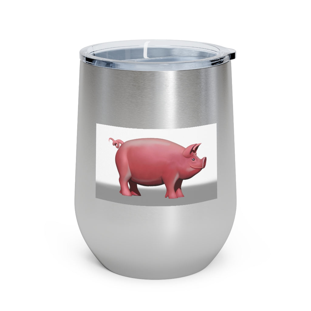 Pig 12oz Insulated Wine Tumbler in stainless steel with clear lid, perfect for hot and cold beverages.