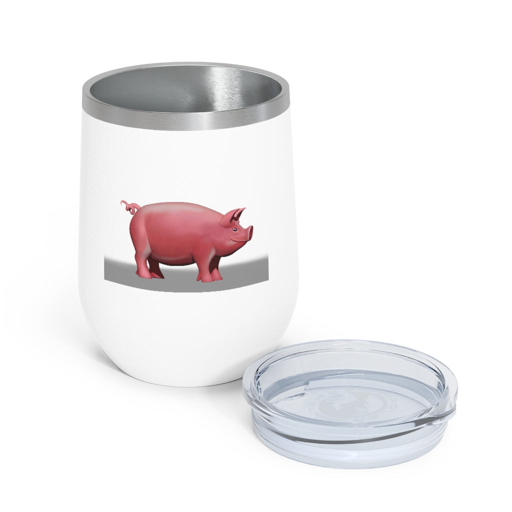 Pig 12oz Insulated Wine Tumbler in stainless steel with clear lid, perfect for hot and cold beverages.