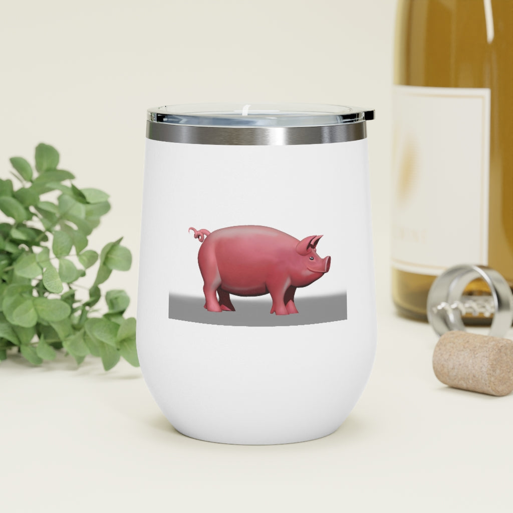 Pig 12oz Insulated Wine Tumbler in stainless steel with clear lid, perfect for hot and cold beverages.