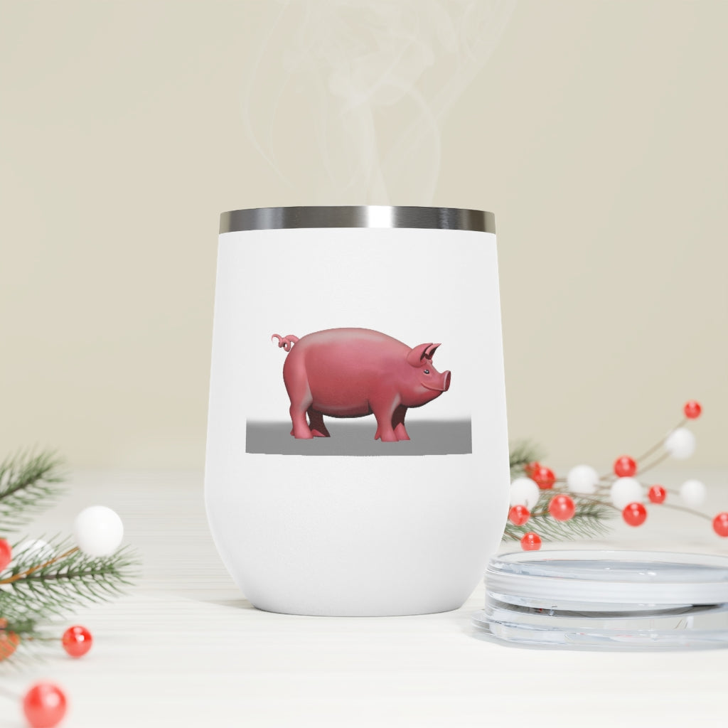 Pig 12oz Insulated Wine Tumbler in stainless steel with clear lid, perfect for hot and cold beverages.