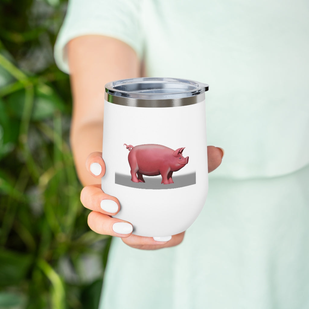 Pig 12oz Insulated Wine Tumbler in stainless steel with clear lid, perfect for hot and cold beverages.