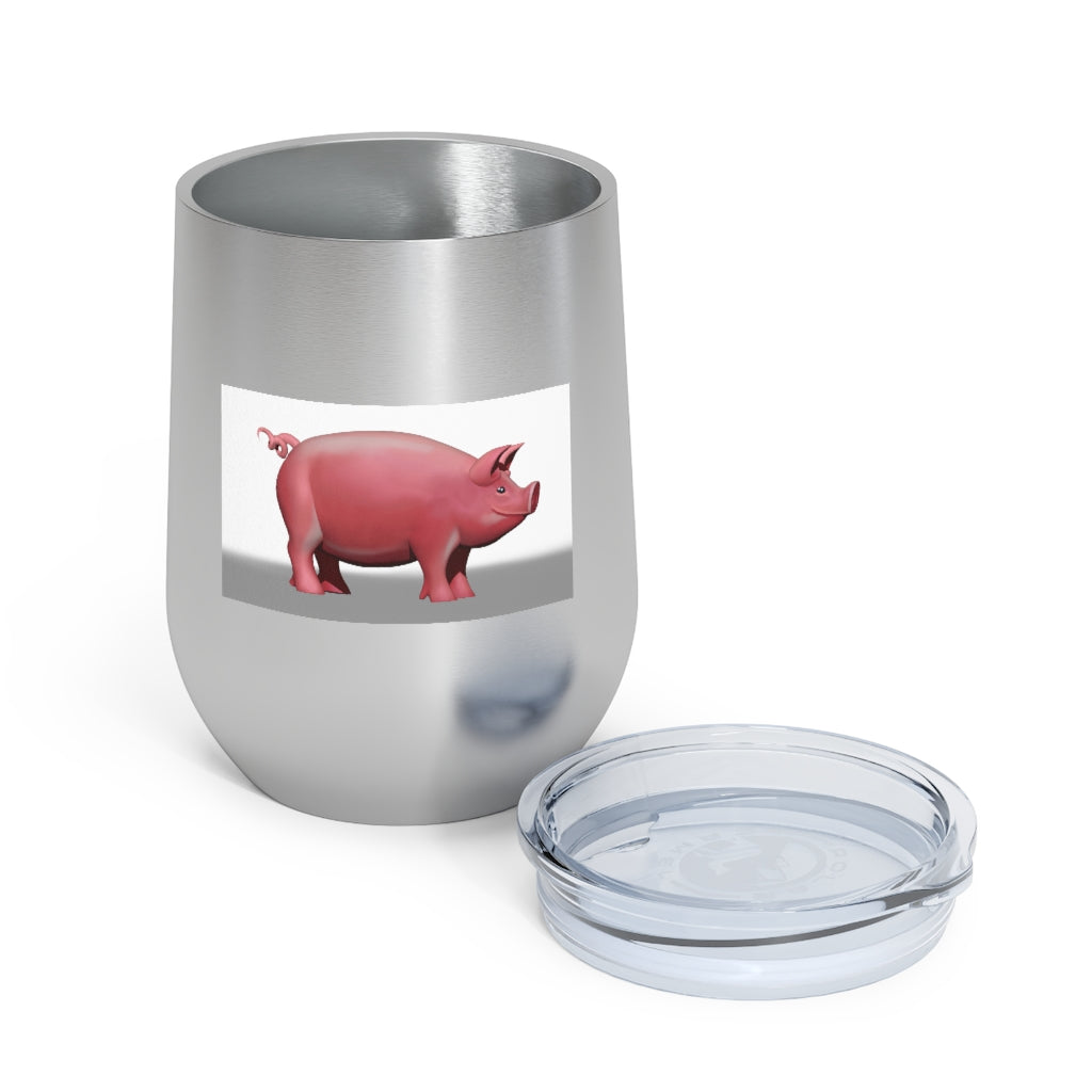 Pig 12oz Insulated Wine Tumbler in stainless steel with clear lid, perfect for hot and cold beverages.