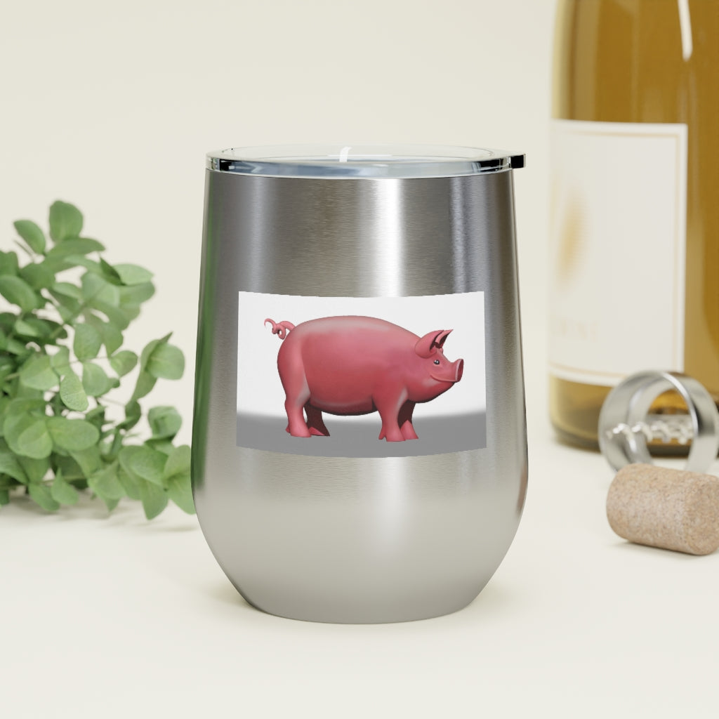 Pig 12oz Insulated Wine Tumbler in stainless steel with clear lid, perfect for hot and cold beverages.