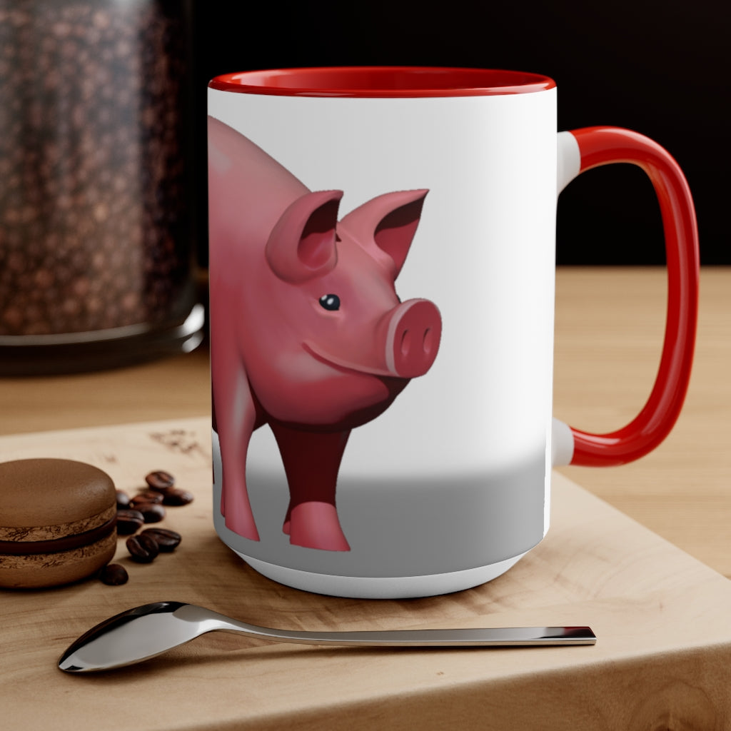 A stylish Pig Accent Mug featuring a two-tone design with a pig illustration, available in three color options and two sizes.