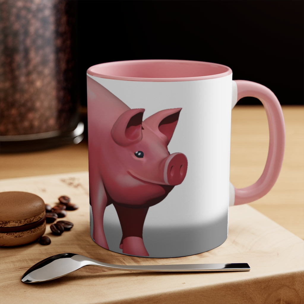 A stylish Pig Accent Mug featuring a two-tone design with a pig illustration, available in three color options and two sizes.