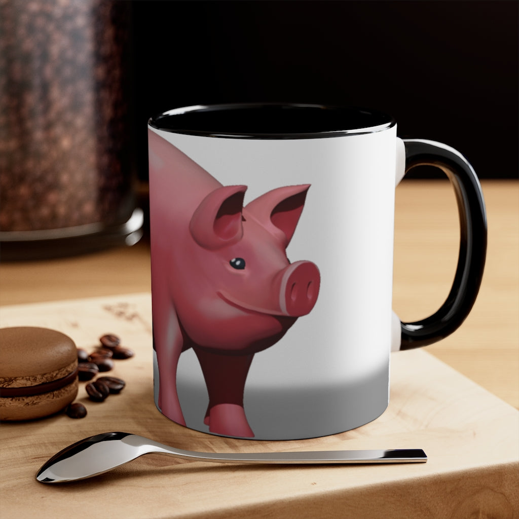 A stylish Pig Accent Mug featuring a two-tone design with a pig illustration, available in three color options and two sizes.