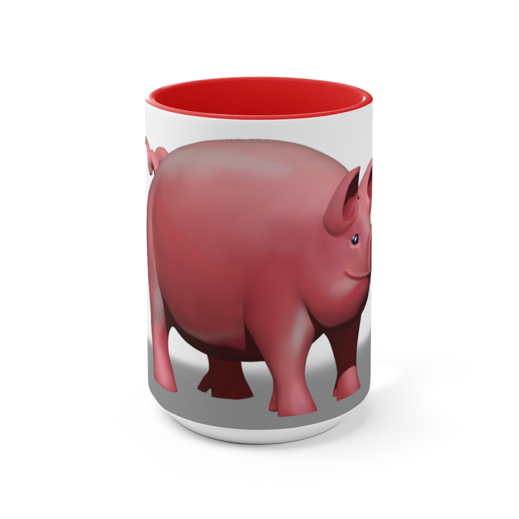 A stylish Pig Accent Mug featuring a two-tone design with a pig illustration, available in three color options and two sizes.