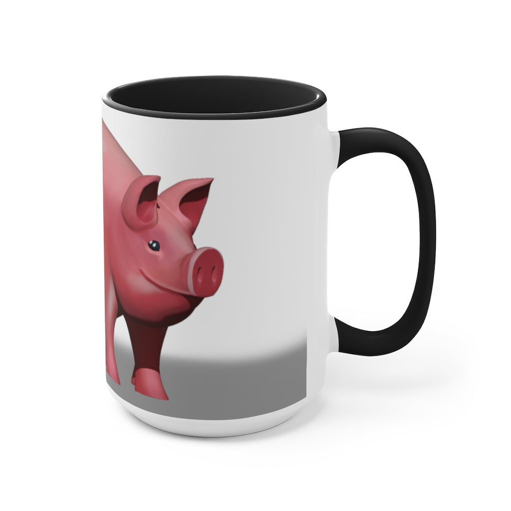 A stylish Pig Accent Mug featuring a two-tone design with a pig illustration, available in three color options and two sizes.