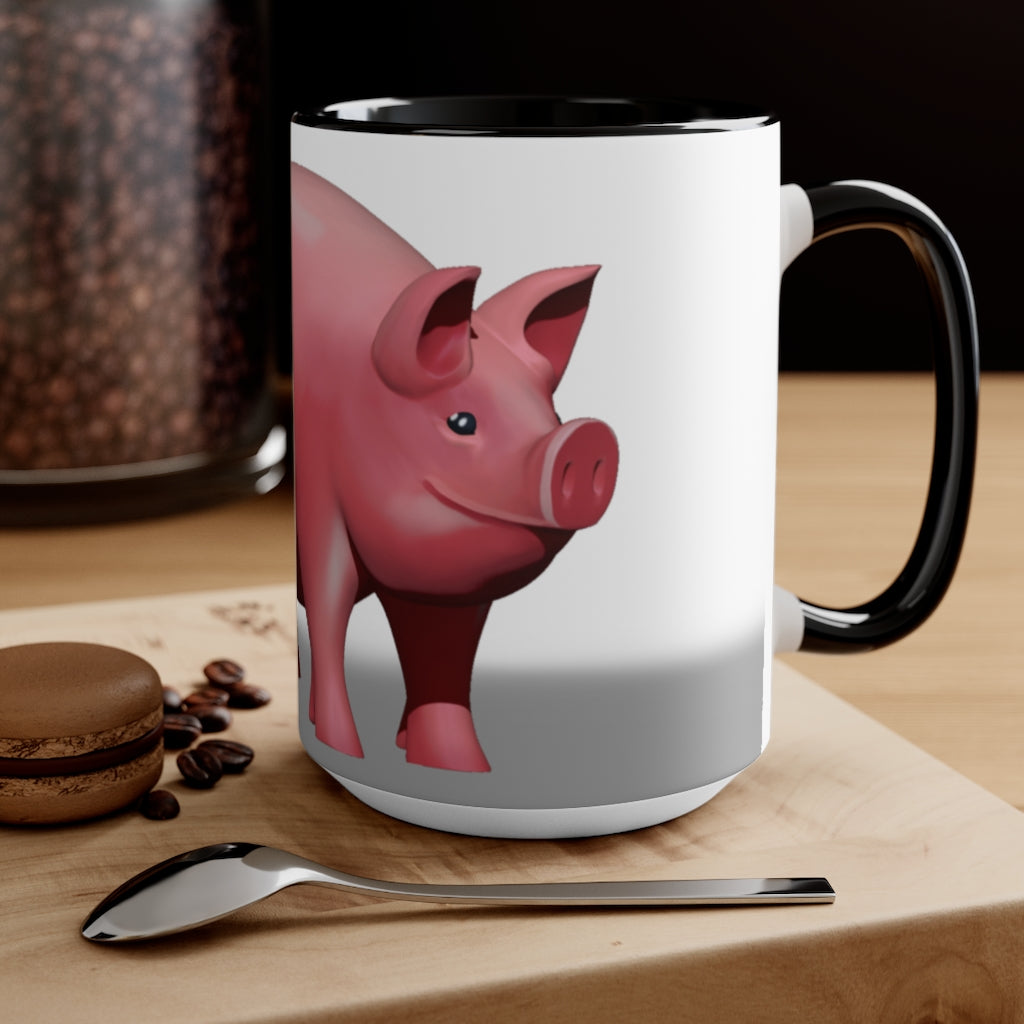 A stylish Pig Accent Mug featuring a two-tone design with a pig illustration, available in three color options and two sizes.