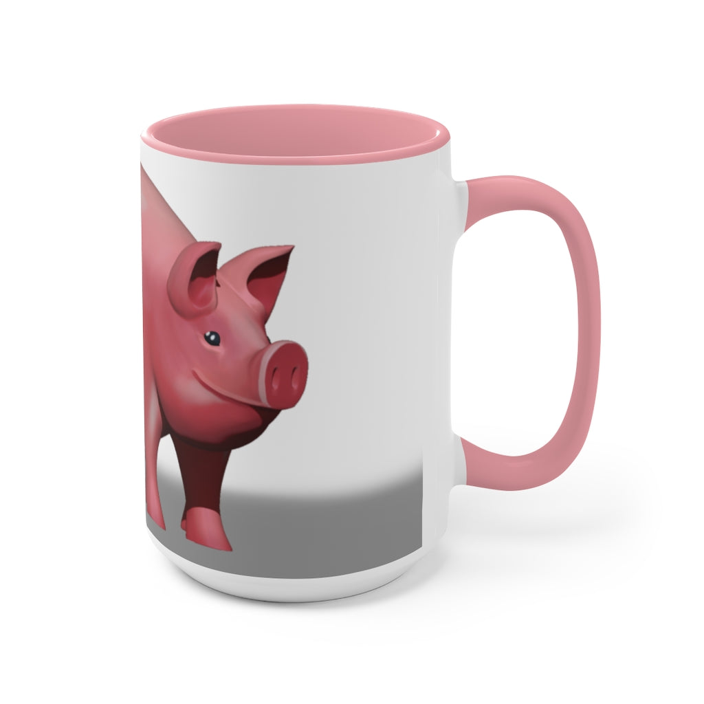 A stylish Pig Accent Mug featuring a two-tone design with a pig illustration, available in three color options and two sizes.