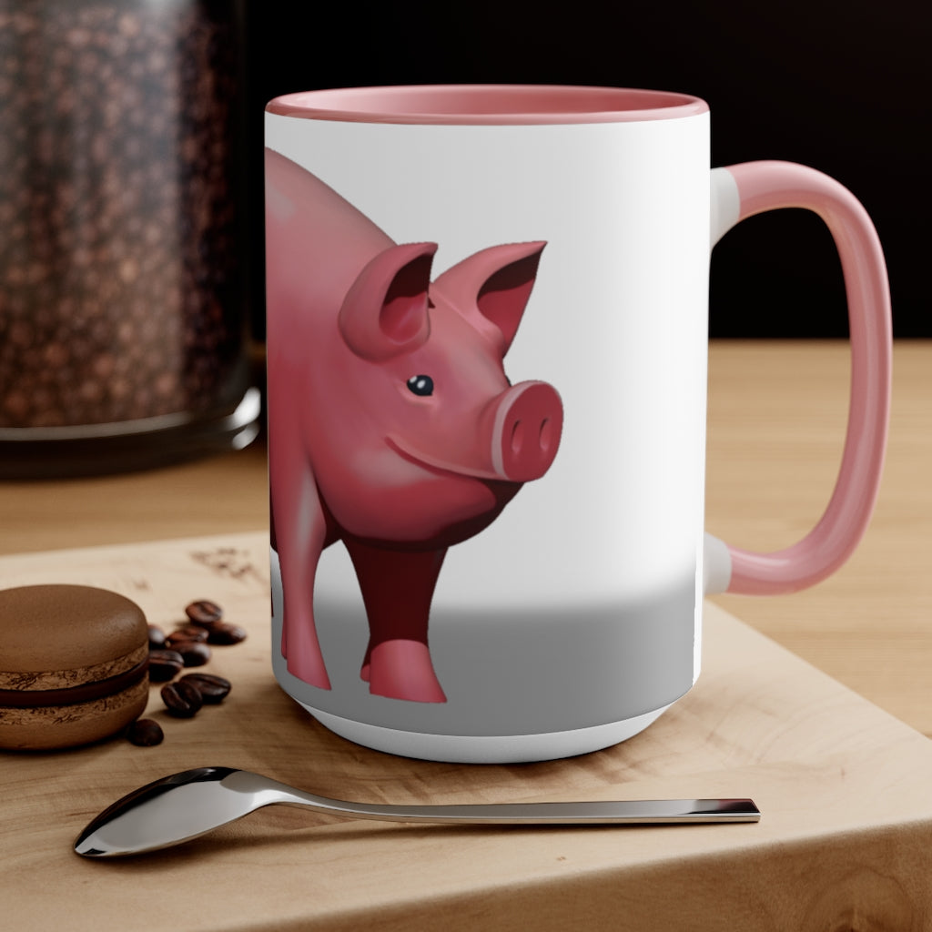 A stylish Pig Accent Mug featuring a two-tone design with a pig illustration, available in three color options and two sizes.