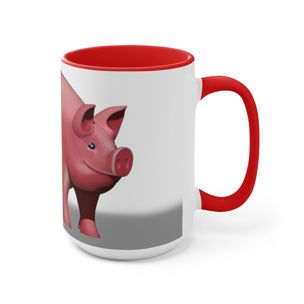 A stylish Pig Accent Mug featuring a two-tone design with a pig illustration, available in three color options and two sizes.