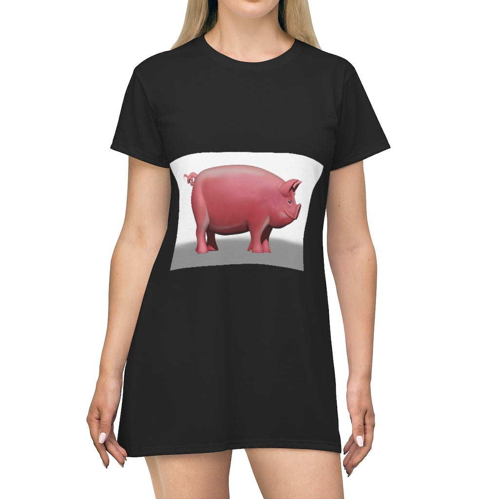 A stylish Pig All Over Print T-Shirt Dress featuring a vibrant pig design, made from lightweight polyester fabric.