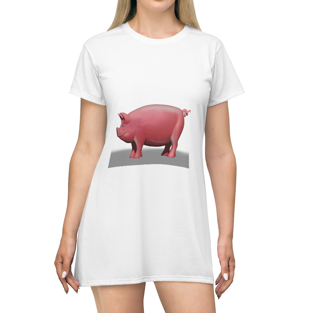 A stylish Pig All Over Print T-Shirt Dress featuring a vibrant pig design, made from lightweight polyester fabric.