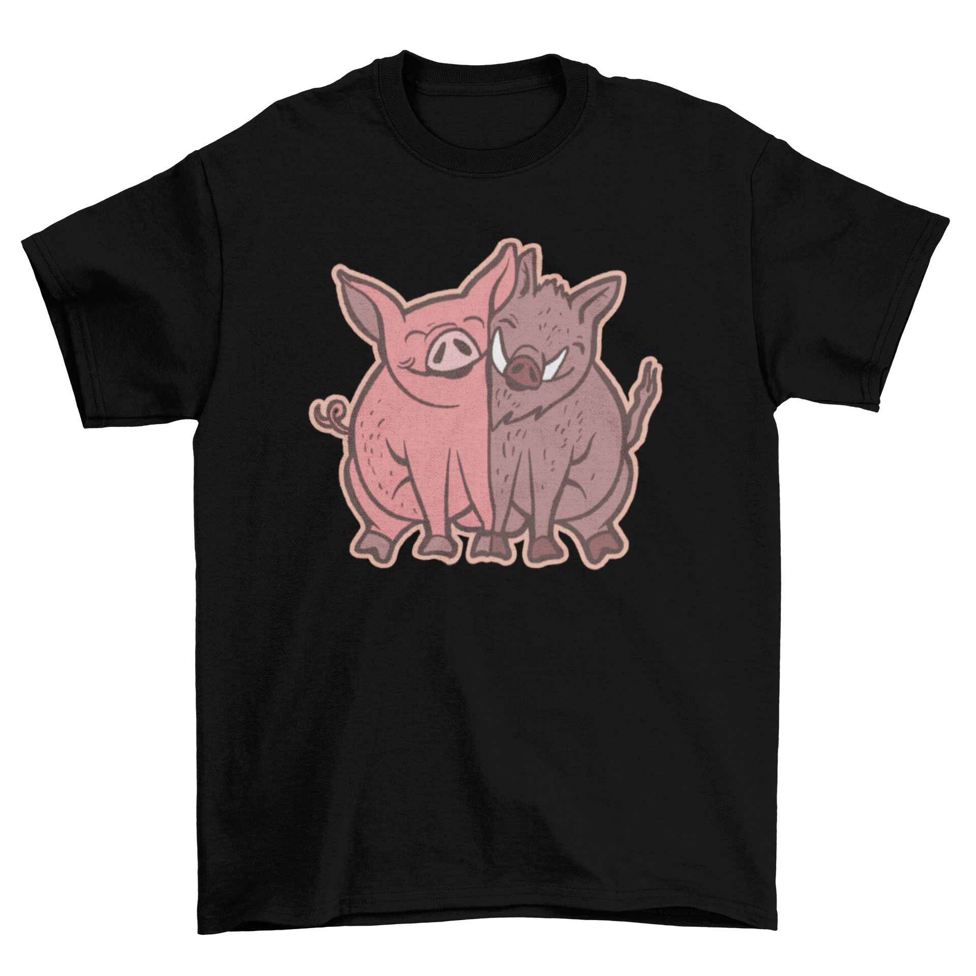 A soft t-shirt featuring a cute illustration of a pig and a wild boar hugging, perfect for animal lovers.