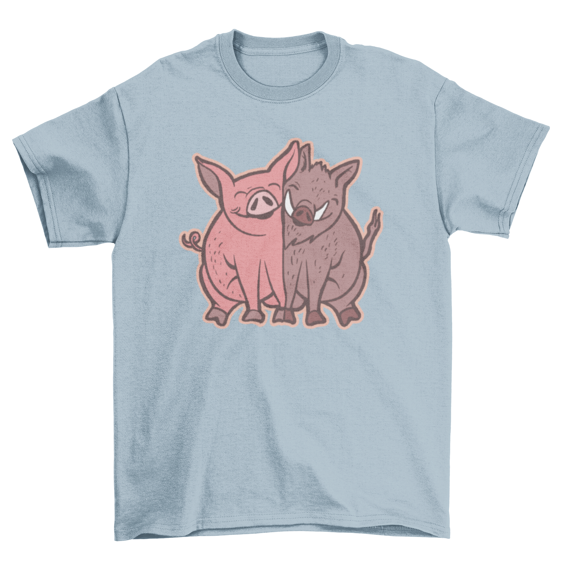 A soft t-shirt featuring a cute illustration of a pig and a wild boar hugging, perfect for animal lovers.