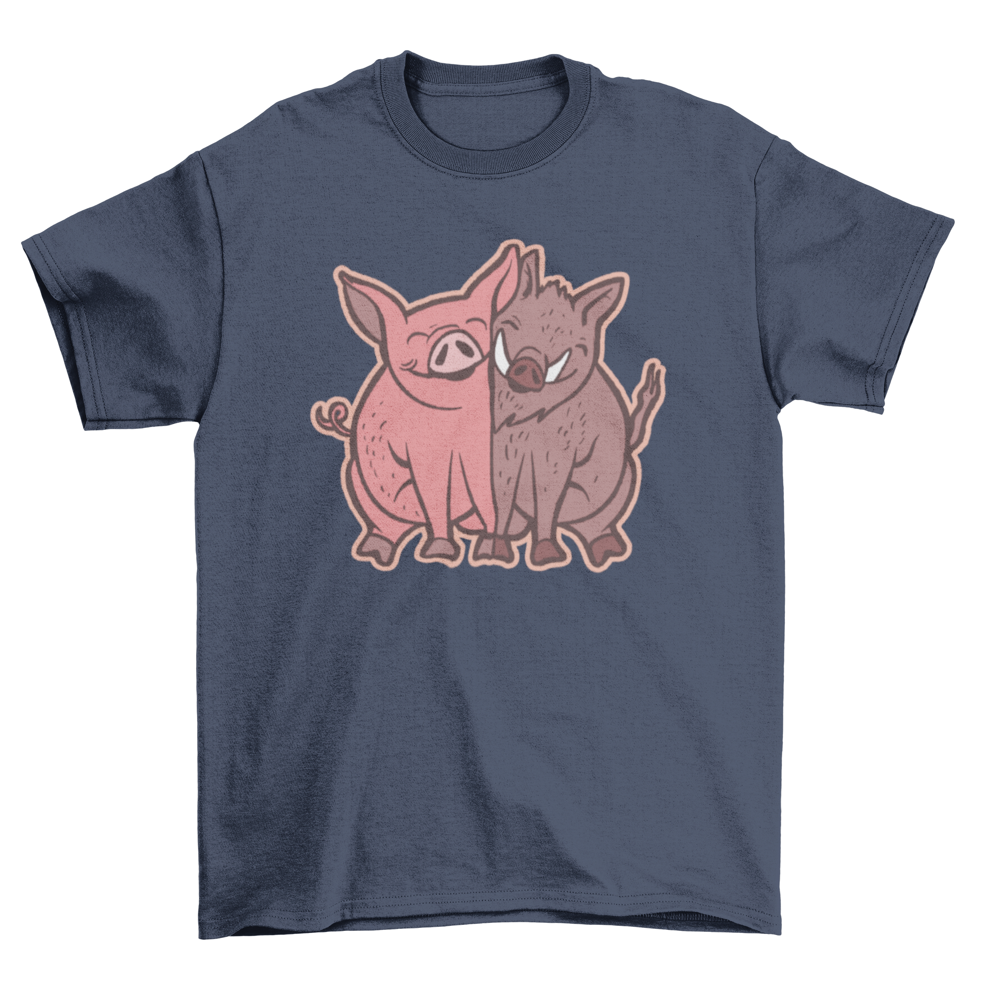 A soft t-shirt featuring a cute illustration of a pig and a wild boar hugging, perfect for animal lovers.