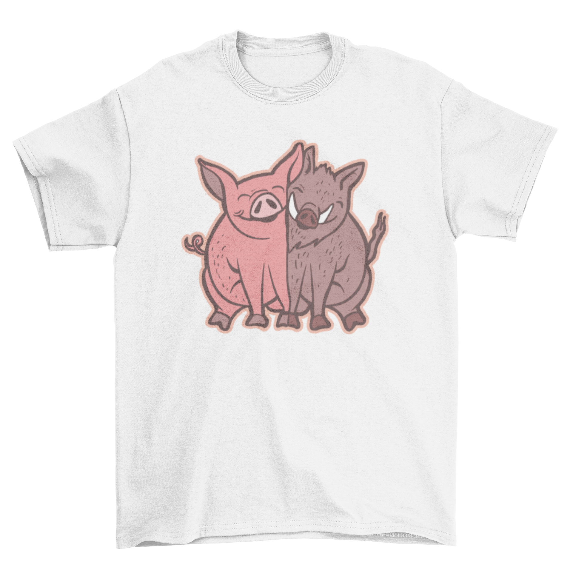 A soft t-shirt featuring a cute illustration of a pig and a wild boar hugging, perfect for animal lovers.