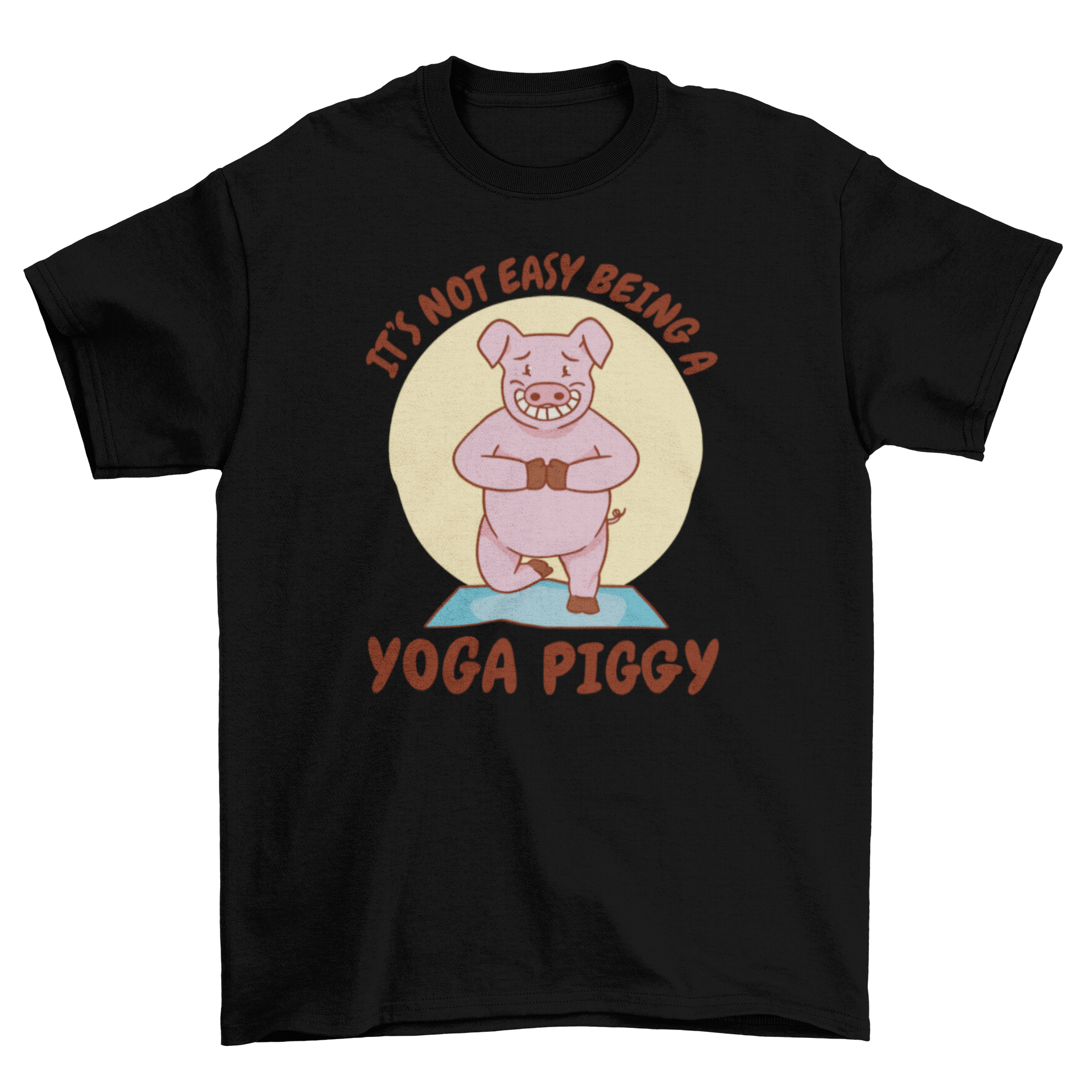 A cute t-shirt featuring a pig doing yoga with a humorous quote about yoga pigs.