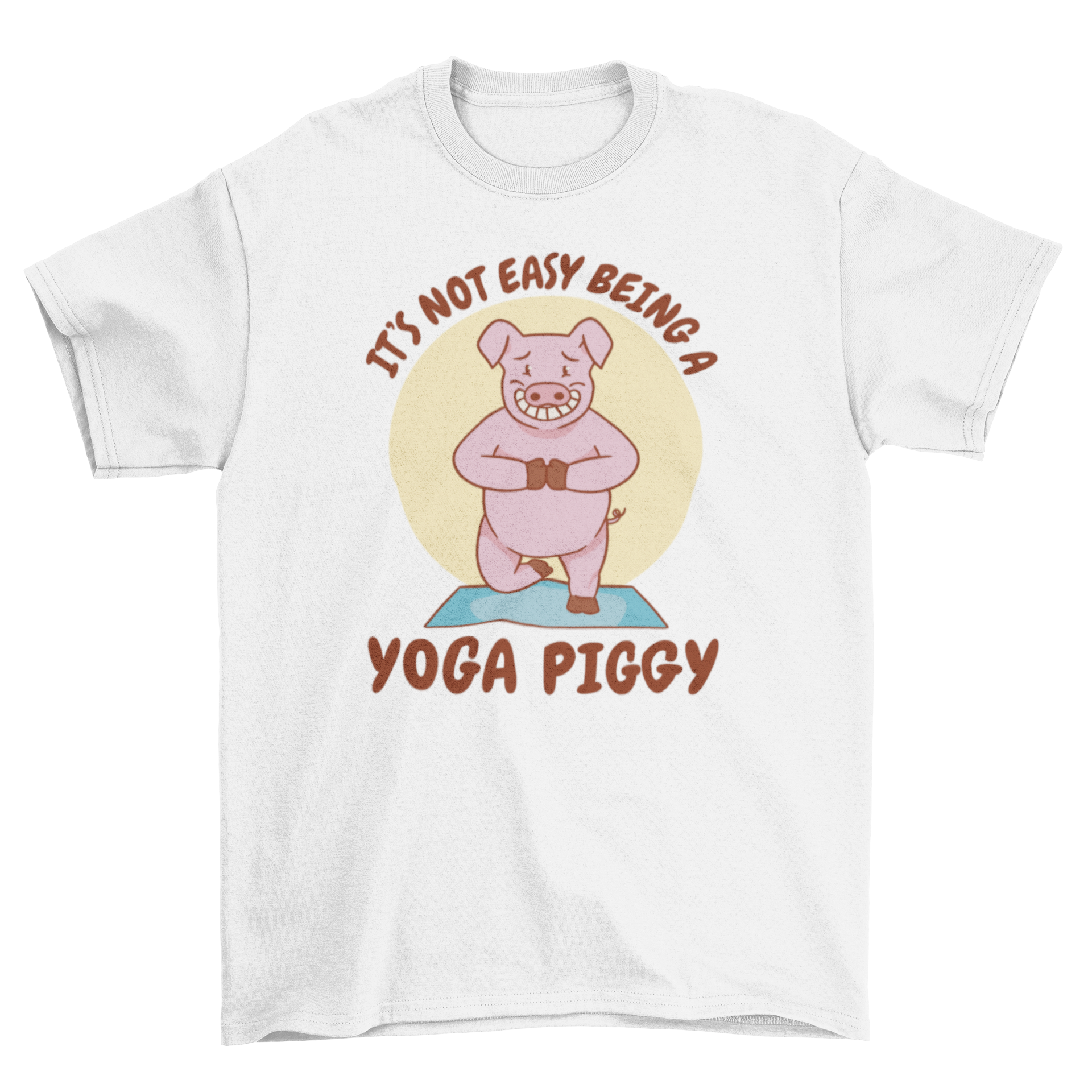 A cute t-shirt featuring a pig doing yoga with a humorous quote about yoga pigs.