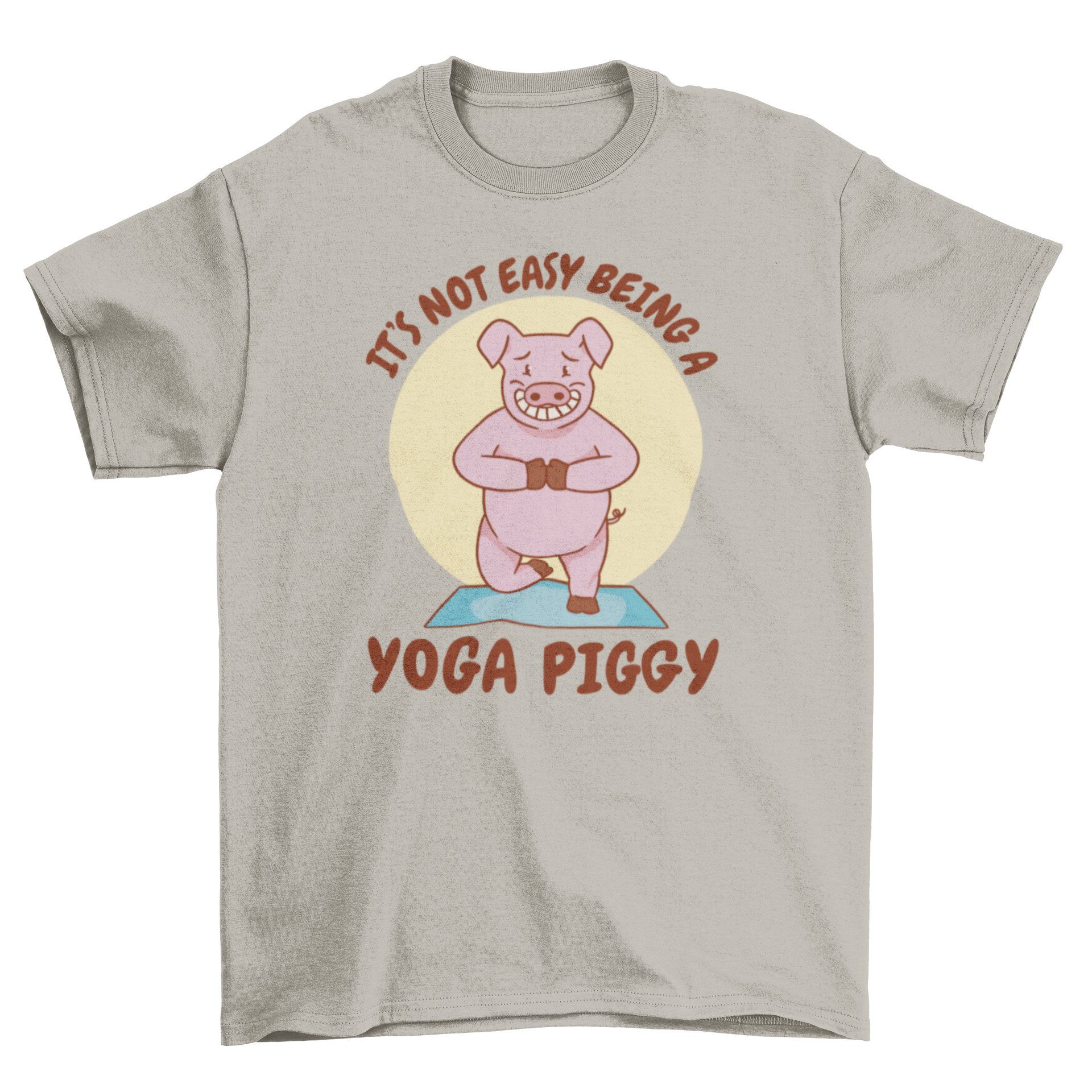 A cute t-shirt featuring a pig doing yoga with a humorous quote about yoga pigs.