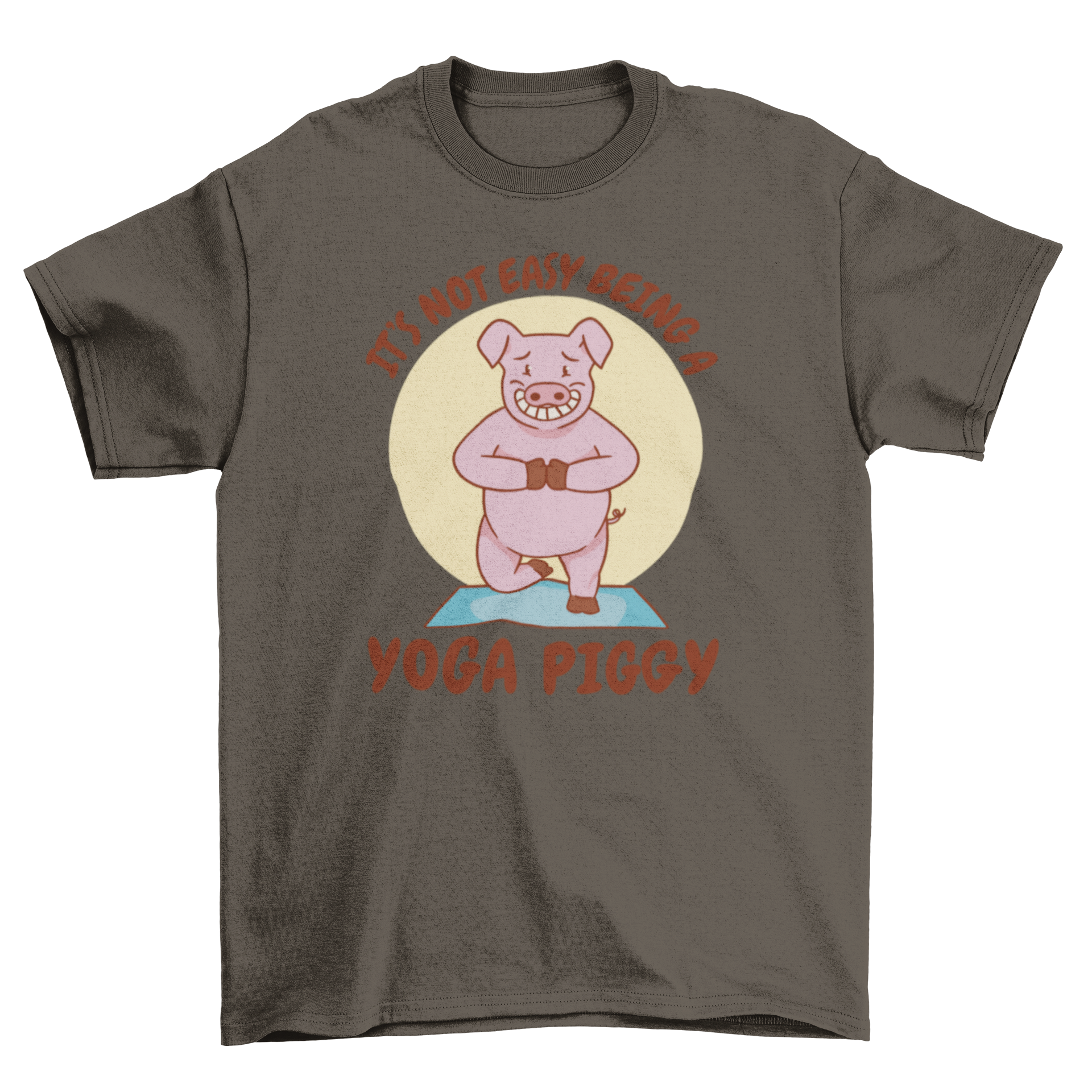 A cute t-shirt featuring a pig doing yoga with a humorous quote about yoga pigs.